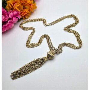 Vintage Gold Tone Triple Strand Rolo Chain Necklace Tassel Pendant 27 in